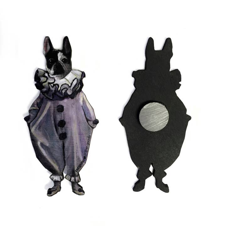 Pergamo Paper Goods - Vente Aimants - Aimant en bois découpé au laser de chien Frenchie (clown bouledogue français)