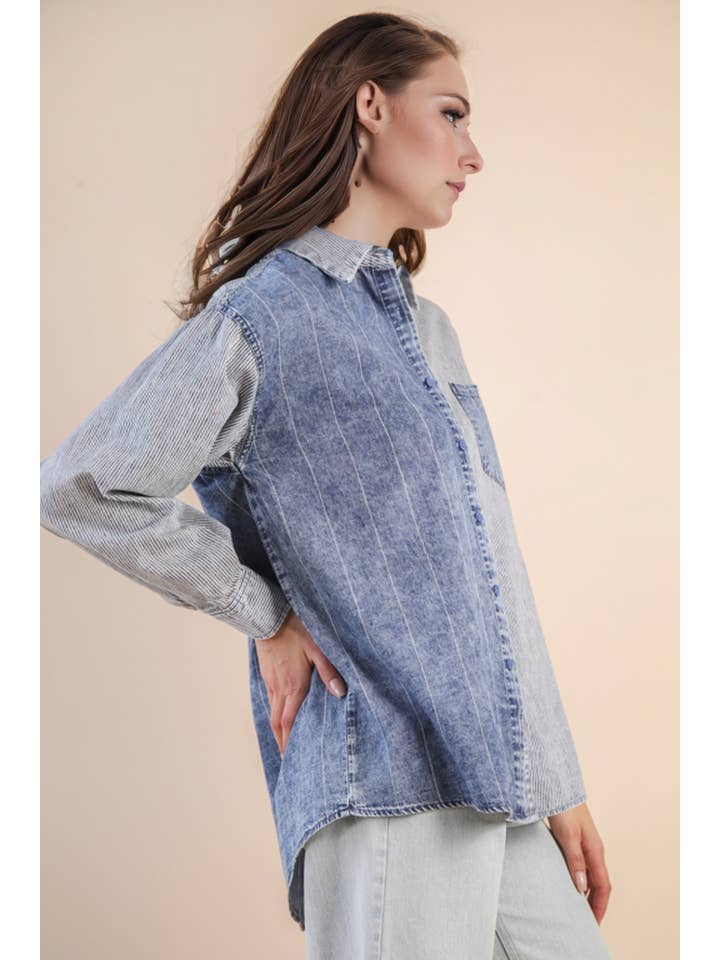 VERY J - Wholesale Button Down Shirt - Women's - NT12282-Mineral Washed Colorblock Striped Shirt Top2