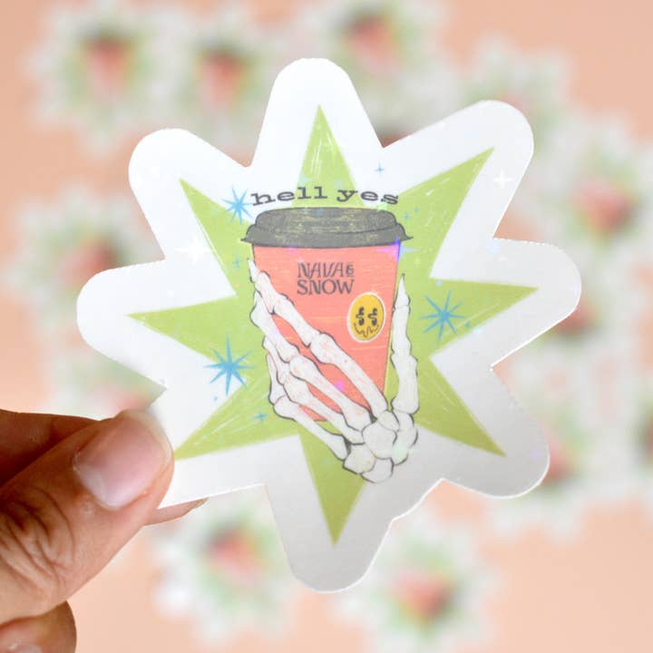 "Hell Yes" Skeleton Coffee Holographic Sticker for wholesale by Nava and Snow