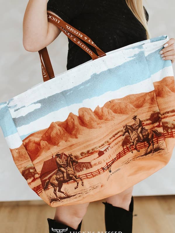 Grand sac fourre-tout vintage imprimé désert occidental en toile pour la vente par LUCKY & BLESSED