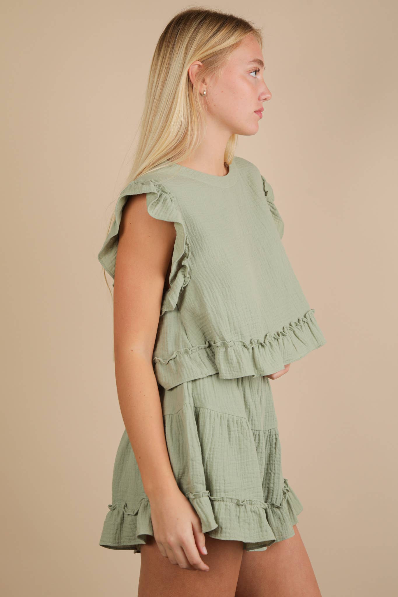 VERY J - Wholesale Top & Short Set (NOT Loungewear) - Women's - NT12150SET-Ruffled Solid Woven Top & Shorts Set8