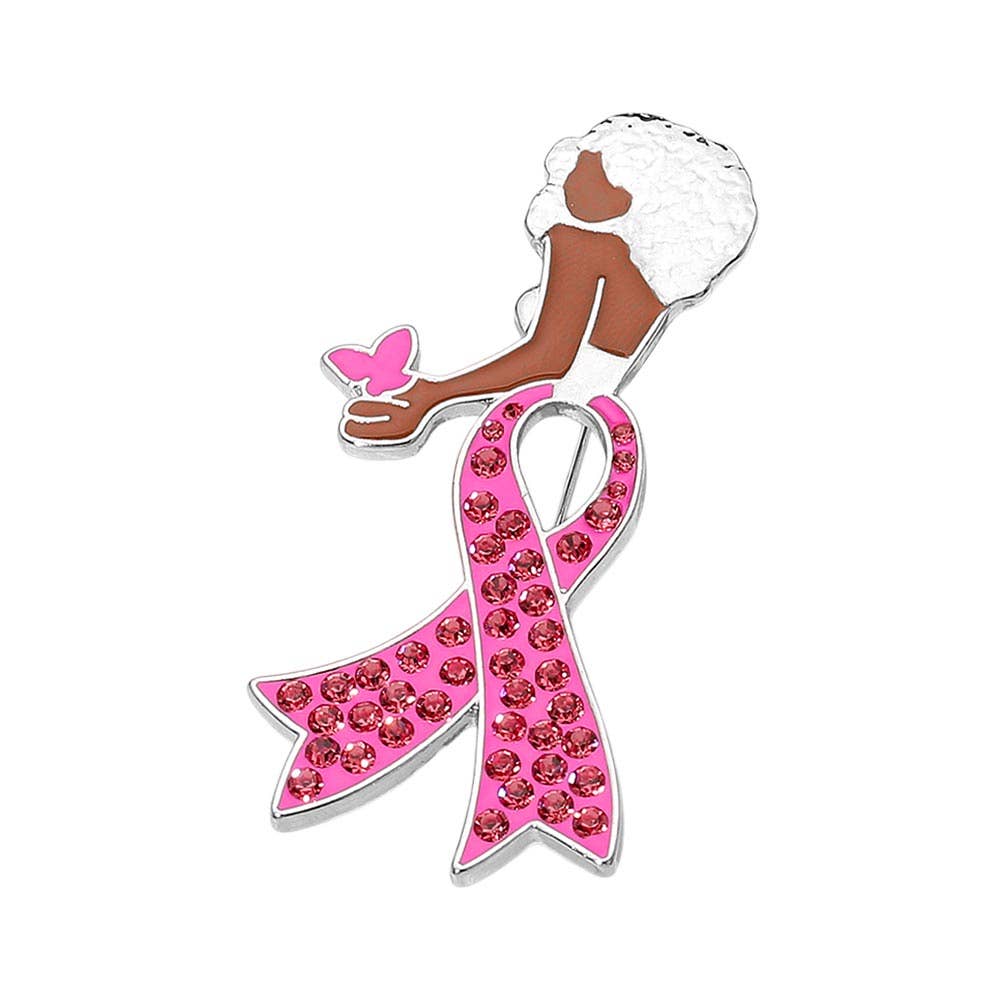 Sensibling Corp. - Wholesale Brooch - Stone Paved Pink Ribbon Enamel Afro Woman Pin Brooch5
