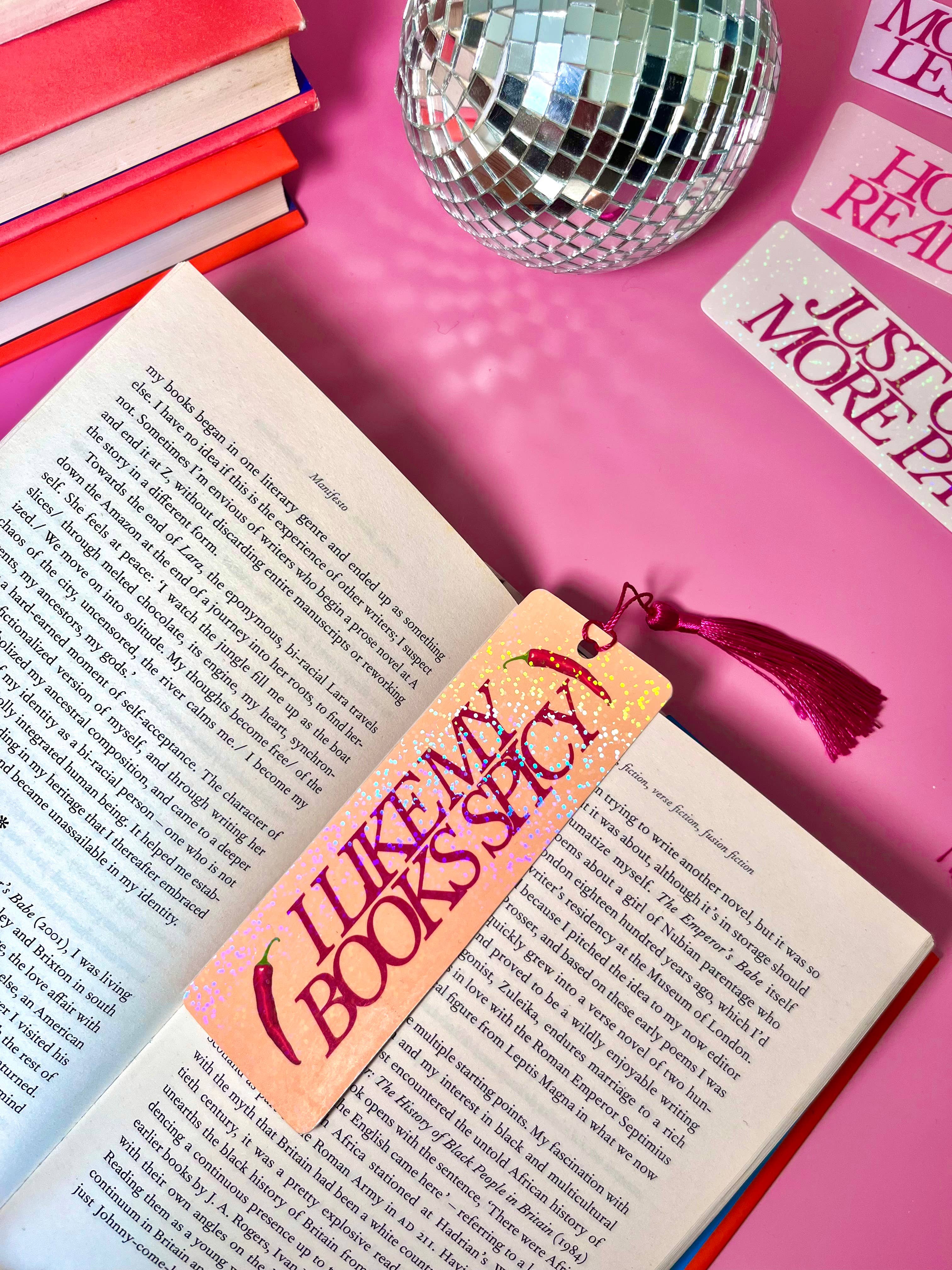by Rosybum – wholesale Bookmark – I Like My Books Spicy Holographic Tassle Bookmark -Romantasy10