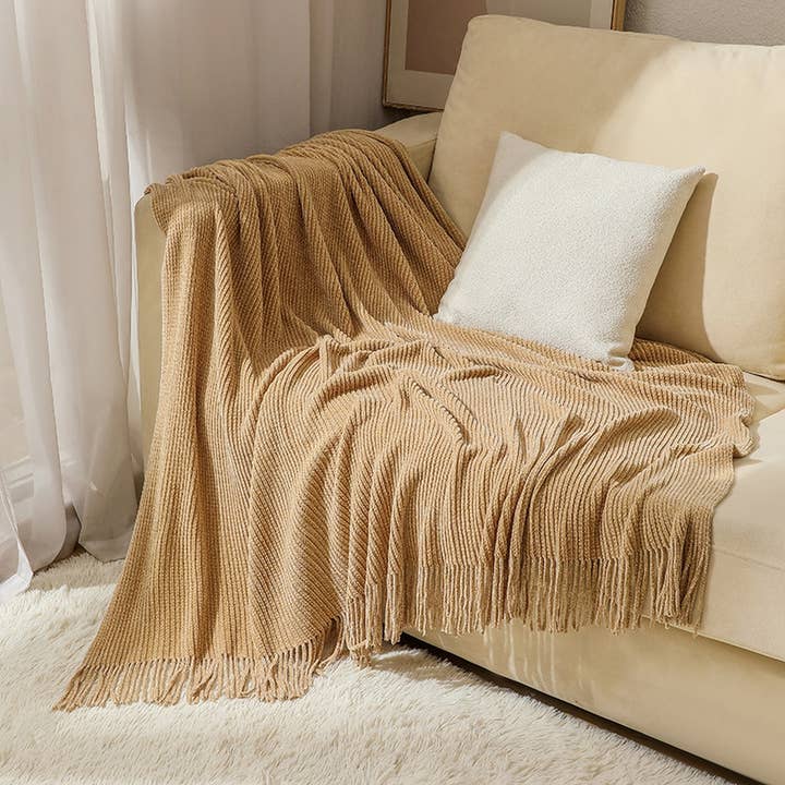ACCITY - Wholesale Throw Blanket - KNITTED BLANKET SOLID COLOR FRINGED BED END BLANKET_CWMM0217