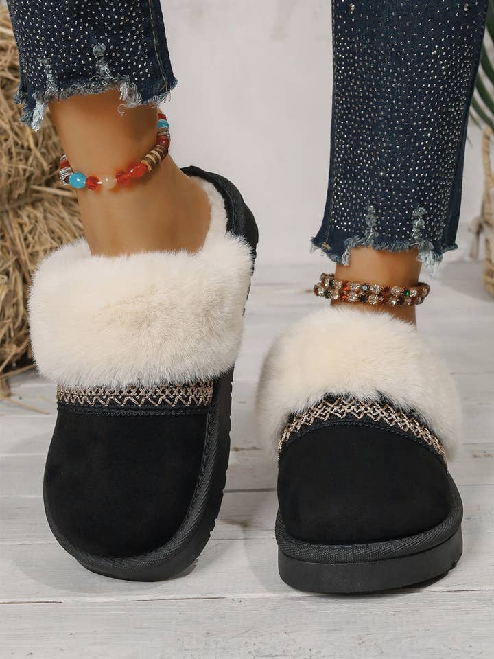 Faux Suede Plush Trim Ethnic Mule Slippers for wholesale by Lovesoft