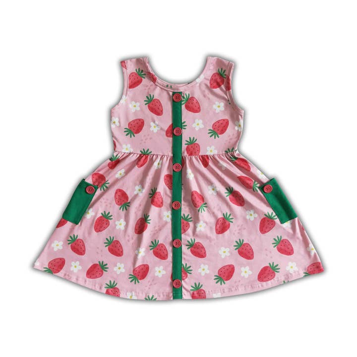 Strawberry sleeveless pocket twirl girls dress for wholesale by Yawoo Garments