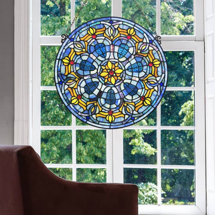 19.5"H Ophelia Blue Stained Glass Window Panel for wholesale by River of Goods