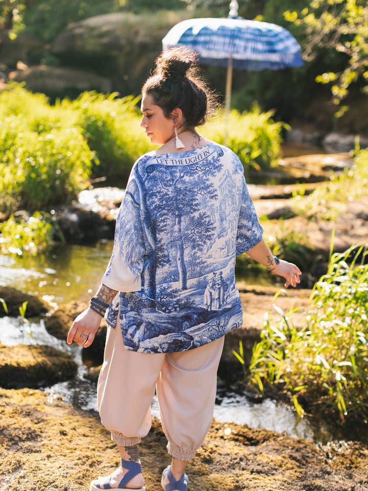 Let The Light In Luxe Tee Tunic Shirt w/ Blue Delft Toile for wholesale by Market of Stars (USA)