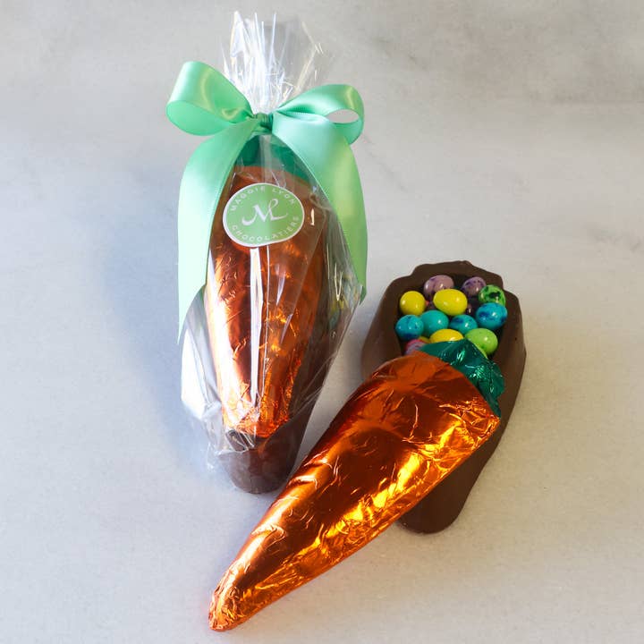 8oz Solid Milk Chocolate Carrot Box Filled with Candy Eggs for wholesale by Maggie Lyon Chocolatiers