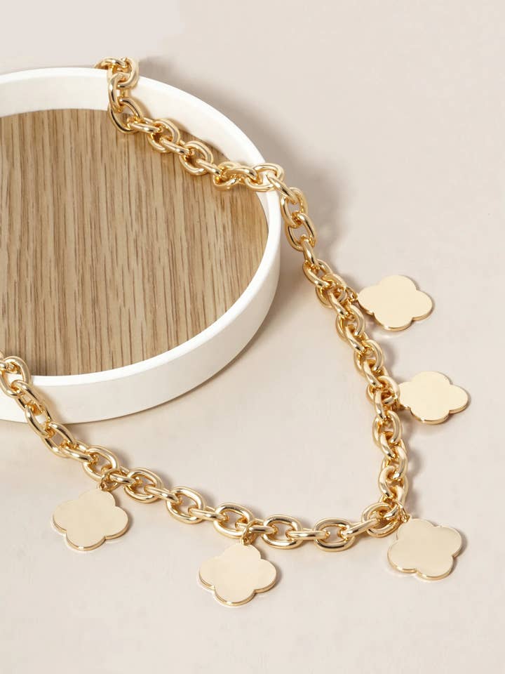 18K Gold Dipped Five Brass Quatrefoil Clover Chain Necklace for wholesale by Wild Honey