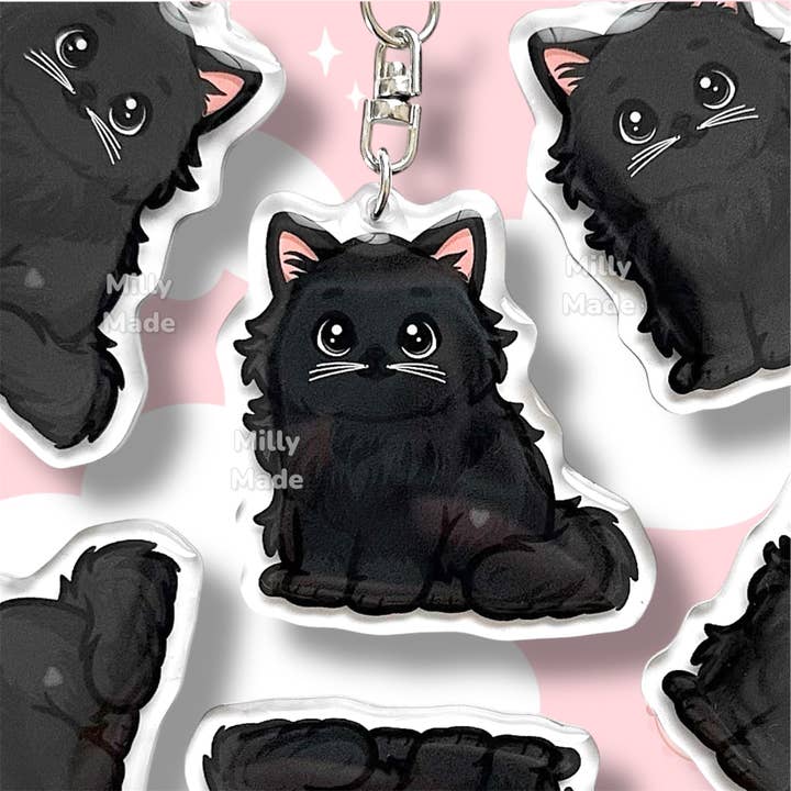 Black Longhaired Cat Acrylic Keychain with Epoxy Resin | Easy-Clip, Cute Cat Cartoon, Hand-Drawn Design, Cat Lover Gift for wholesale by Milly Made Designs