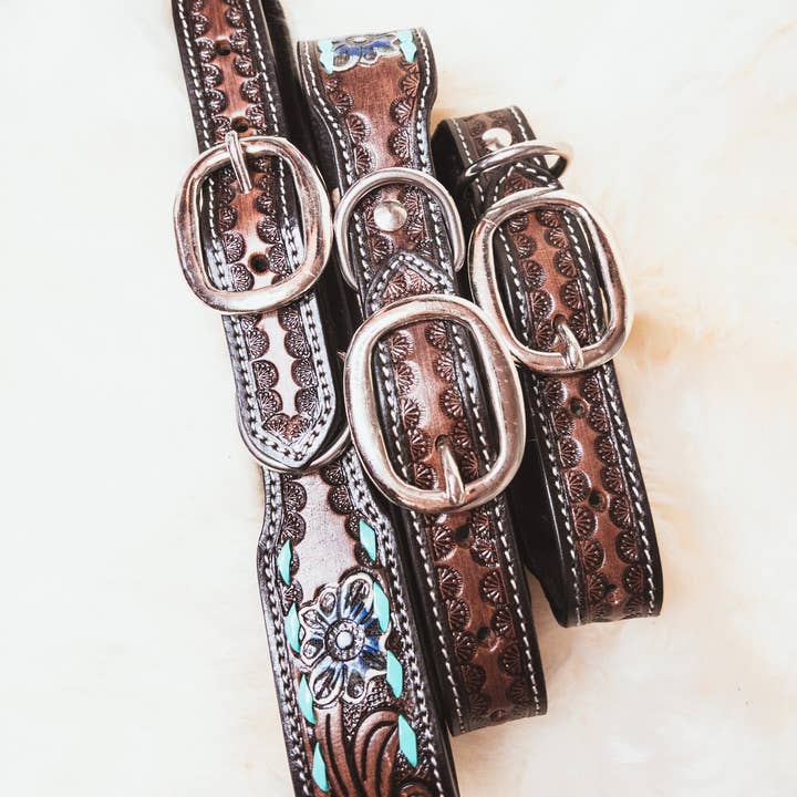 The Sterling Gypsy – wholesale Pet collar – Dog – Hand Tooled Turquoise & Sunflower Western style Leather Dog Collar Farm Dog Cattle Dog2