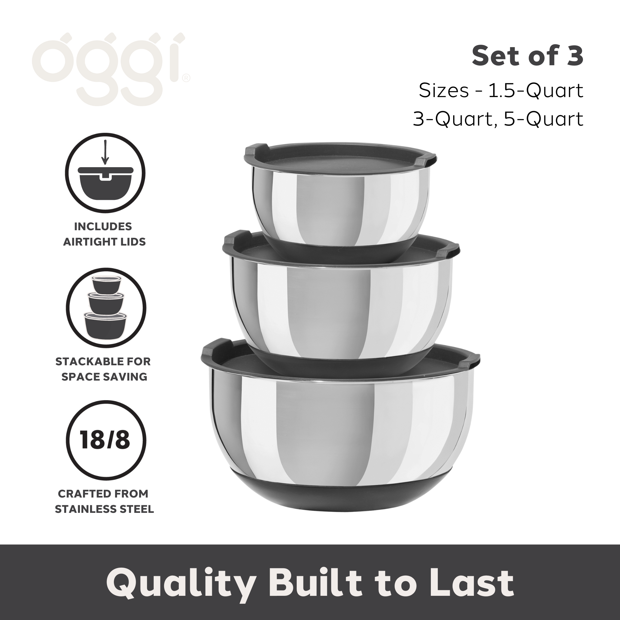 Oggi - Wholesale Mixing Bowl - Mixing Bowls - s/ 3 Stainless w/ Silicone (1.5, 3, 5 qt)1