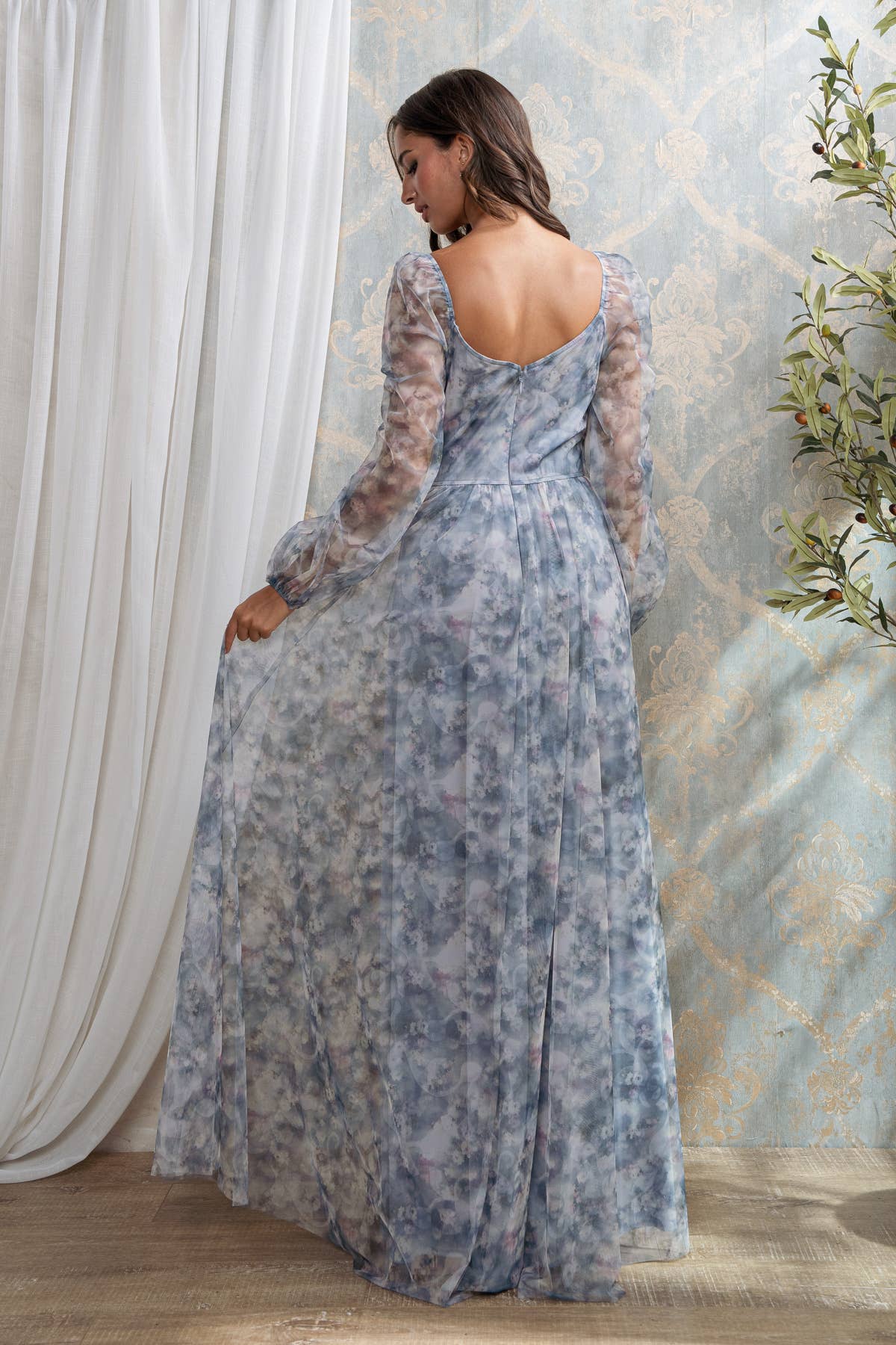 Dusty Blue FLORAL PRINT SURPLICE MAXI  for wholesale on Faire2