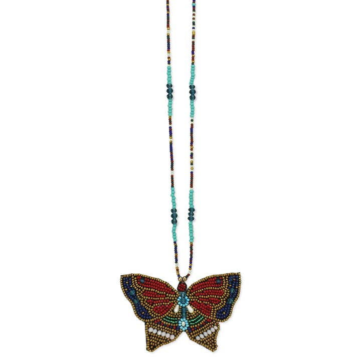 Chic Beaded Butterfly Necklace in Dark Red and Blue for wholesale by ZAD