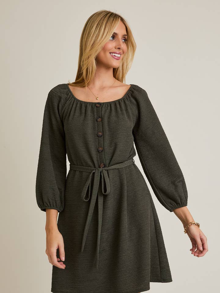 SQUARE NECK LONG SLEEVE WAIST TIE BUTTON UP MINI DRESS for wholesale by GILLI