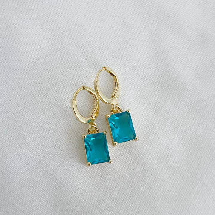 True by Kristy Jewelry - Wholesale Huggie Earrings - Presley Blue Baguette Huggie Hoops Gold Filled Earrings