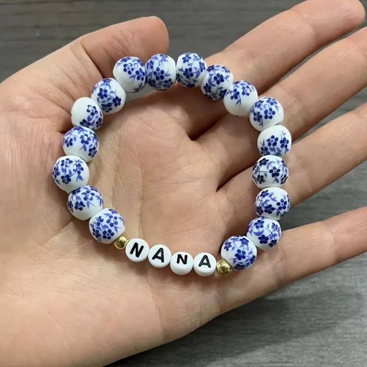 Our Home to Yours Candles & Gifts - Wholesale Beaded Bracelet - Blue White Beaded Bracelet Mimi, Mama, Nana, Grandma
