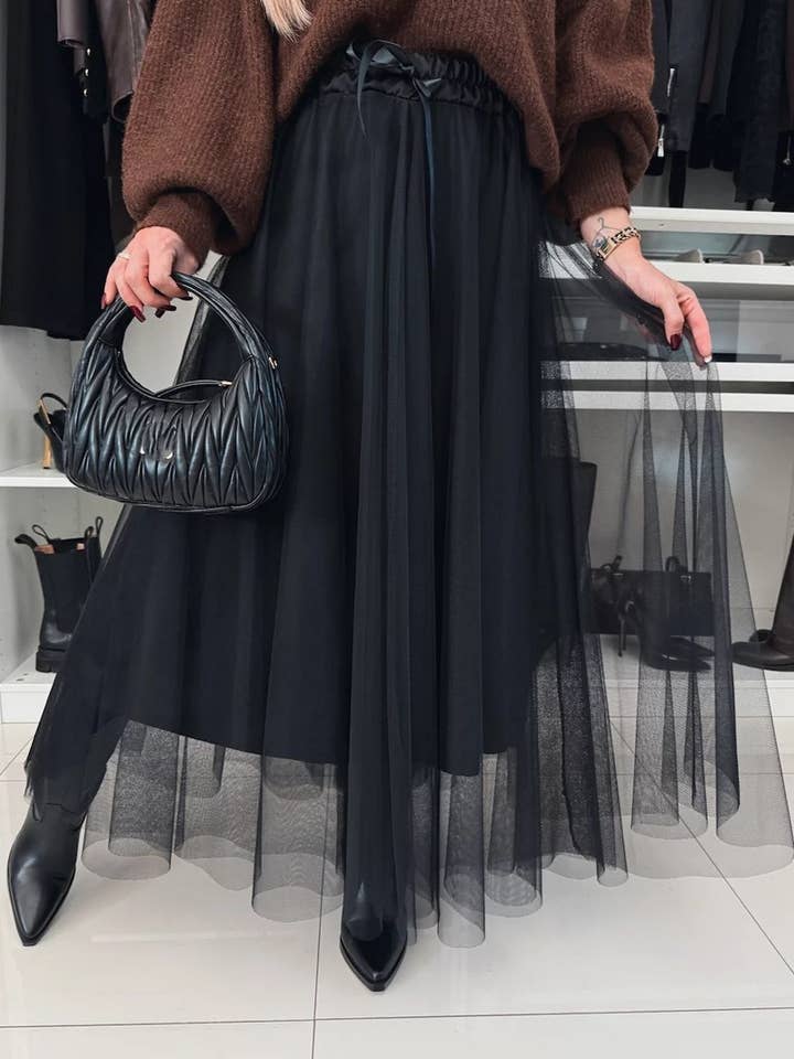 NINEXIS - Wholesale Skirt - Women's - CWBLS135_SOLID COLOR MESH MESH WIDE SWING SKIRT1