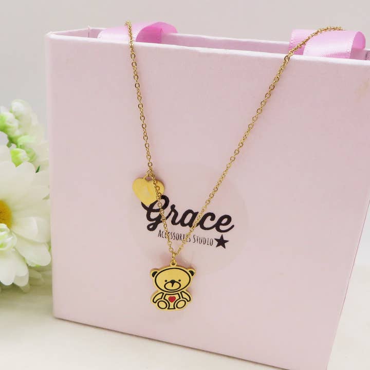 Daemon srls - Wholesale Pendant/Charm Necklace - TRIXIE - Collana teddy pendente orsetto in Acciaio inossidabile + cuoricino2