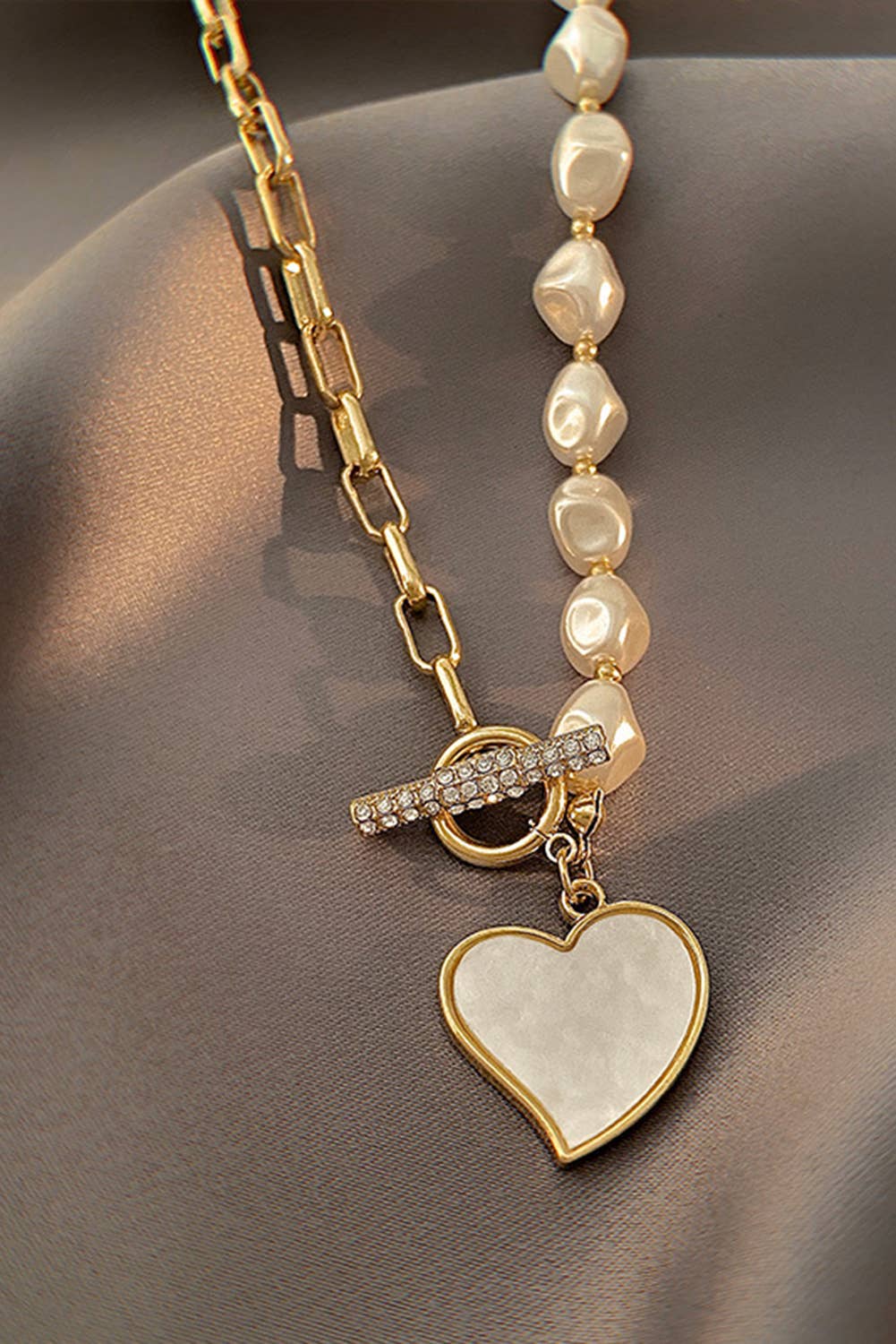 Gold Valentine's Heart Pendant Rhinestone Pearl Chain Necklace for wholesale on Faire1