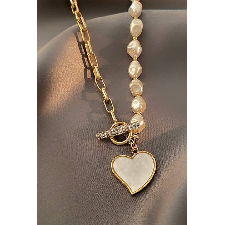 Gold Valentine's Heart Pendant Rhinestone Pearl Chain Necklace for wholesale on Faire1