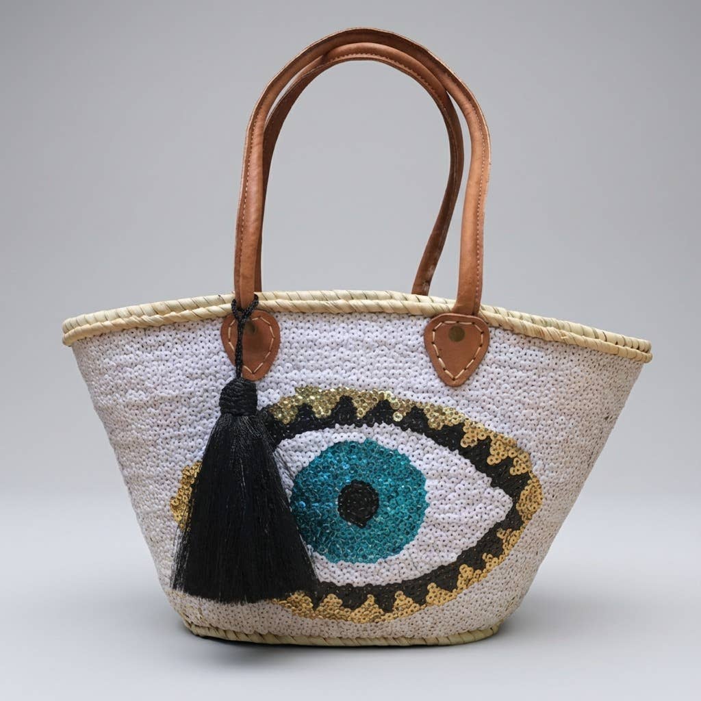 Melecraft - Vente Sac de plage - Sac fourre-tout en paille à sequins œil maléfique - Noir bohème plage4