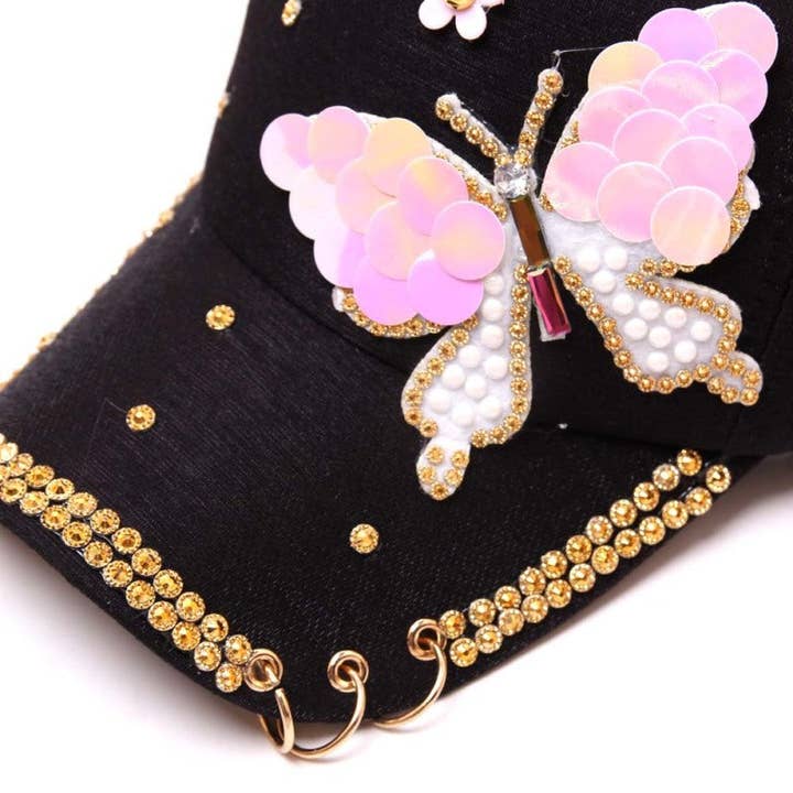 BrookPark Beauty - Wholesale Baseball Cap - Women's - Butterfly Sequin Rhinestone Peaked Brim Sun Protection Cap