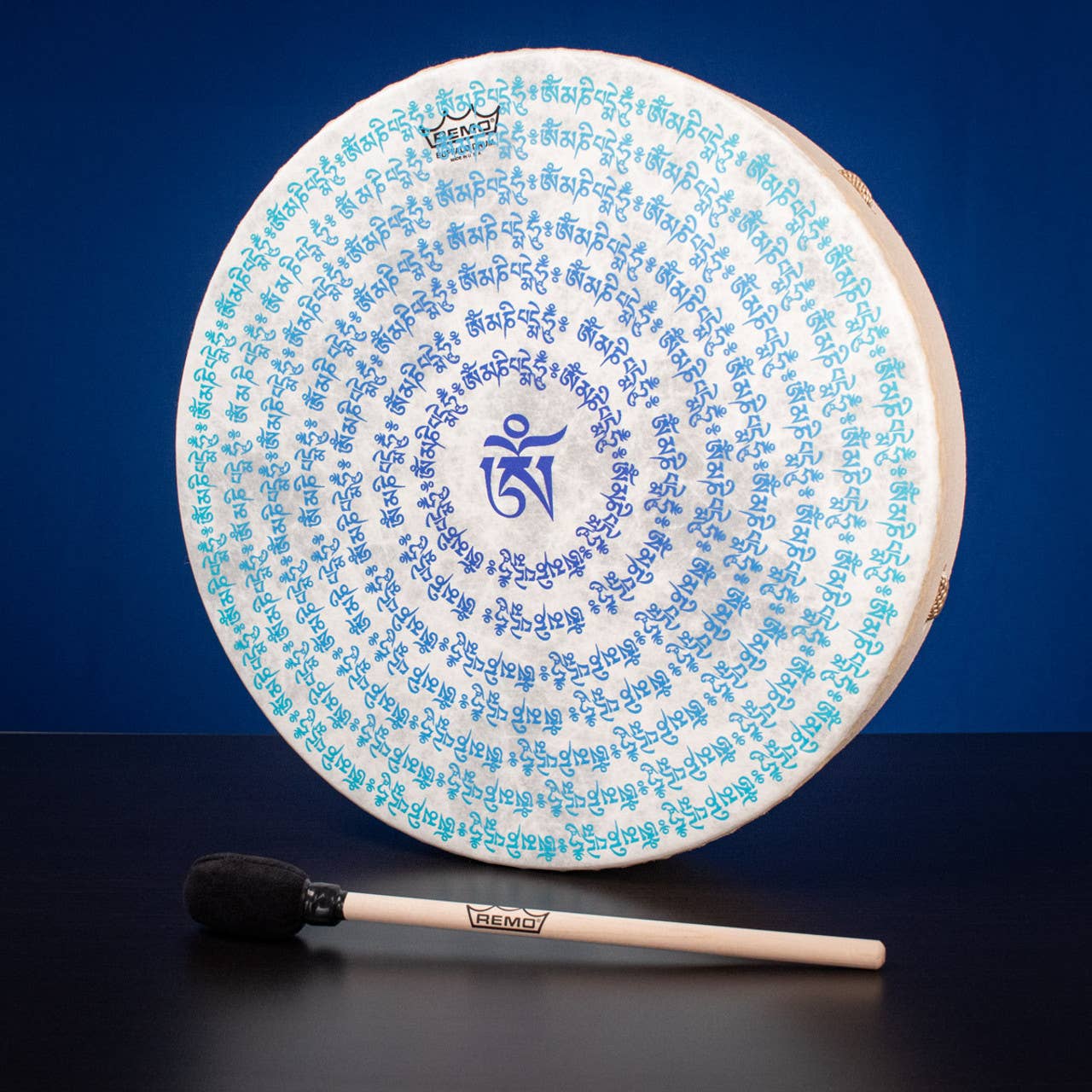 HK Higher Knowing - Wholesale Meditation Supplies - 16" Blue Om Sanskrit White Buffalo Drum0