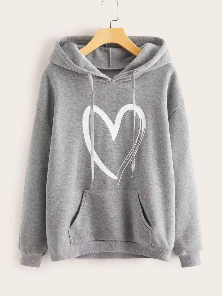 Flarix - Wholesale Blouse - Women's - heart print kangaroo pocket drawstring hoodie