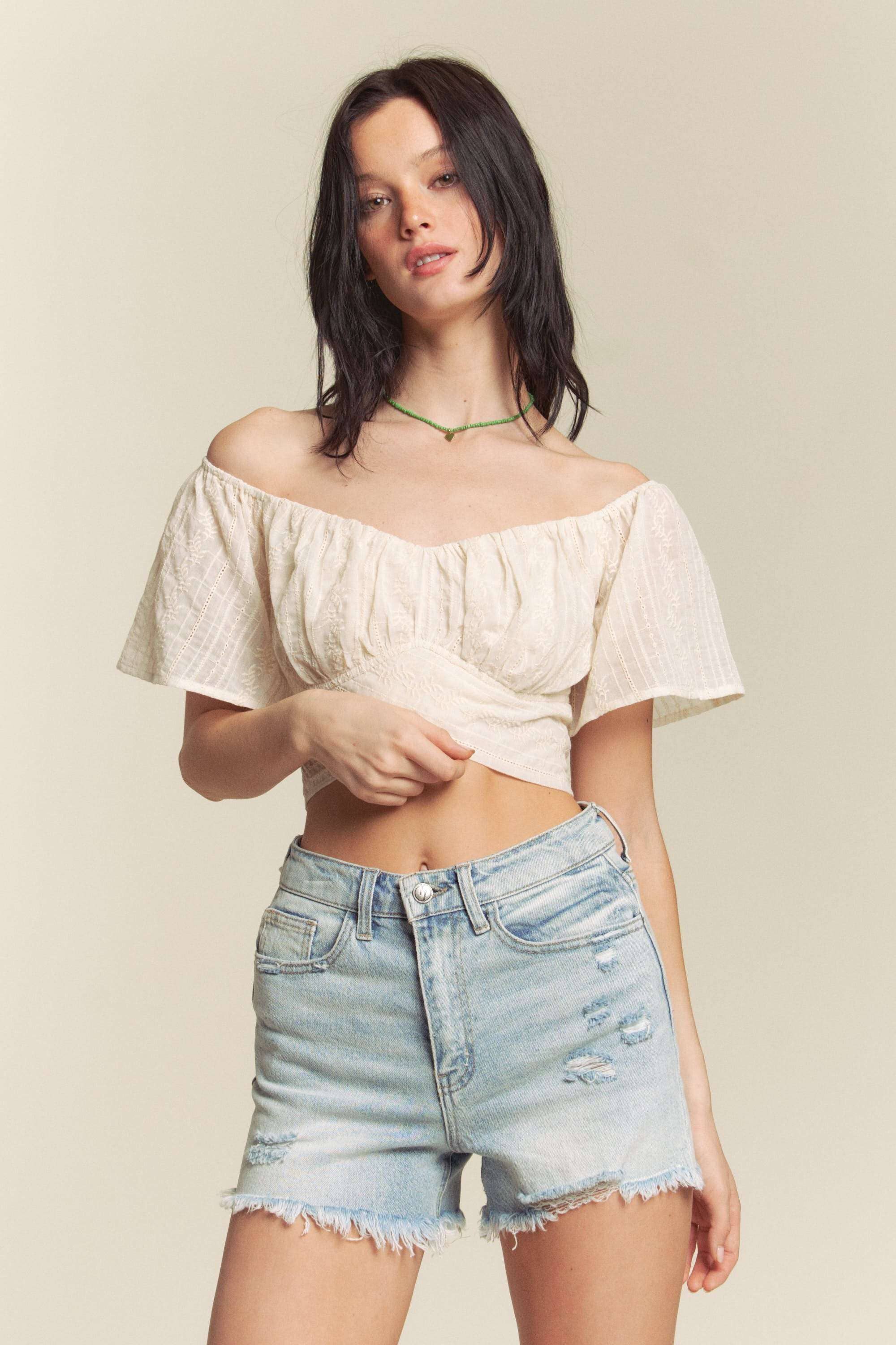 Hers & Mine - Wholesale Knit Top - Women's - EMBROIDERY VOILE SHORT SLEEVE CROSS TIE TOP3