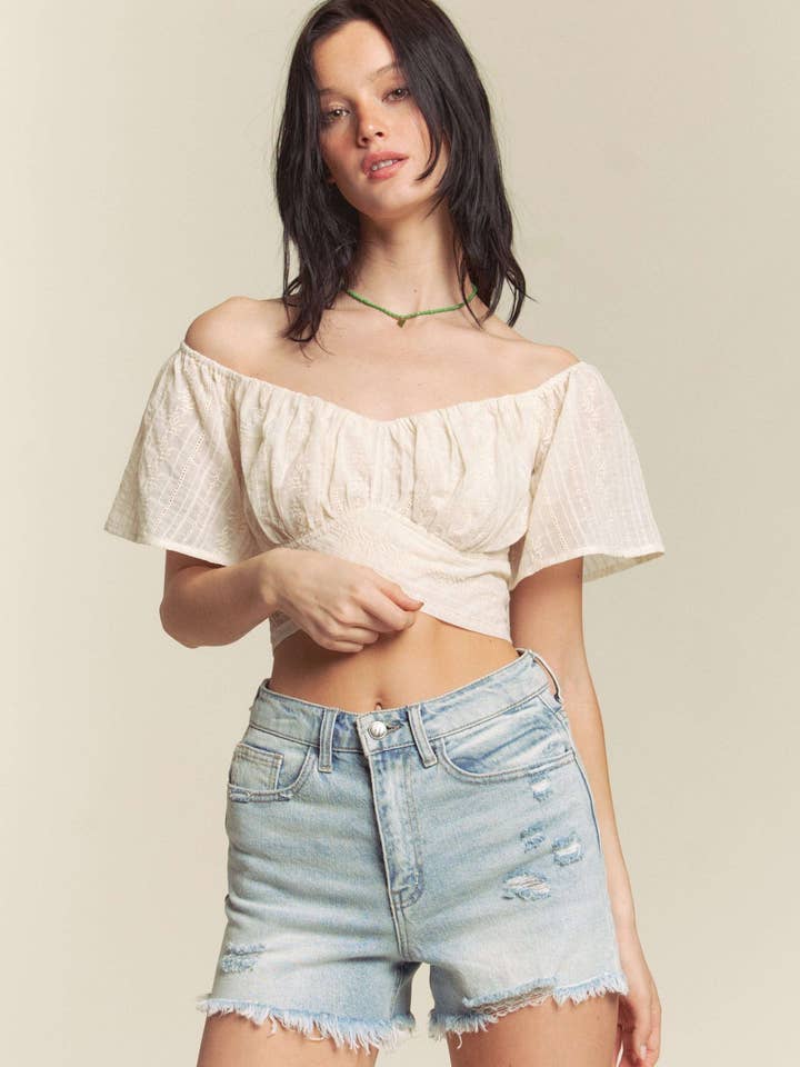 Hers & Mine - Wholesale Knit Top - Women's - EMBROIDERY VOILE SHORT SLEEVE CROSS TIE TOP3