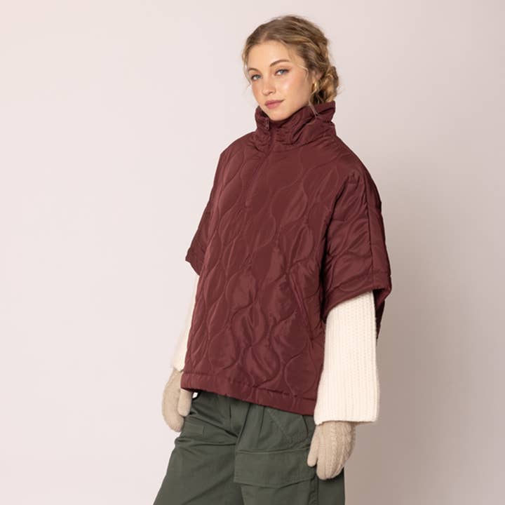 Fashion City - Wholesale Poncho - Women's - Stand Up Collar Quilted Cape Poncho Jacket 14