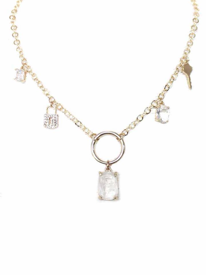 Collier en métal avec serrure en pierre de cristal et clé pour la vente par CC Wholesale Clothing