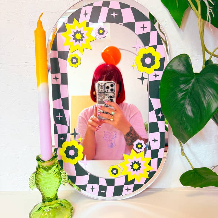 Printed Weird – wholesale Wall mirror – Oval Floral Check Mirror - Teal & Pink3