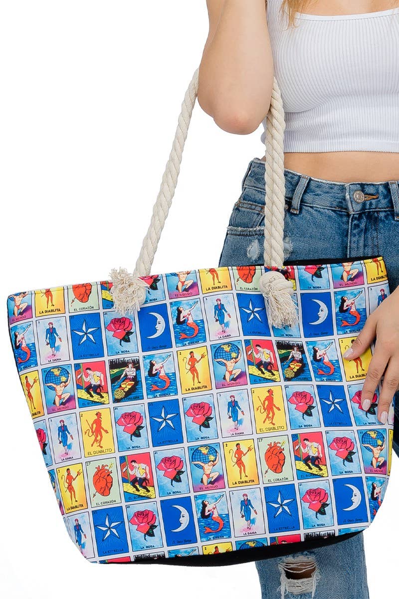 BLACK La Loteria Portrait Rope Handle Canvas Tote Bag for wholesale on Faire1