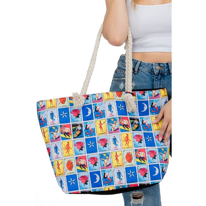 BLACK La Loteria Portrait Rope Handle Canvas Tote Bag for wholesale on Faire1