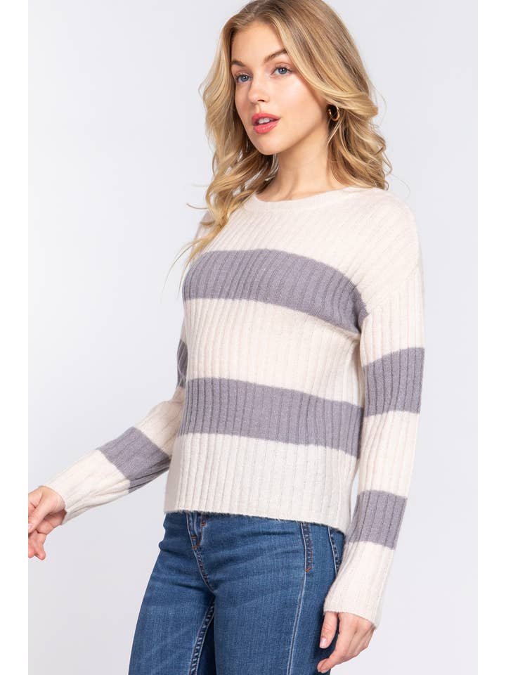 42POPS - Wholesale Knit Sweater - Women's - ' Round Neck Stripe Sweater