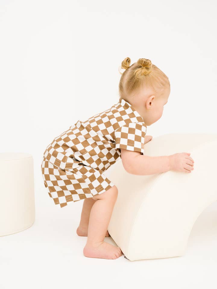 Little One Shop - Wholesale Top & Short Set - Kids - Brown Checkered Pocket Set