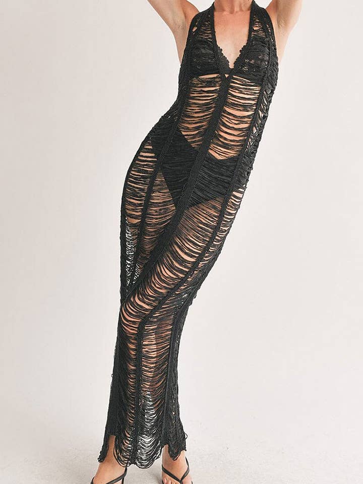 SLEEVELESS HALTER NECK OPEN CROCHET COVER UP DRESS for wholesale by ROUSSEAU