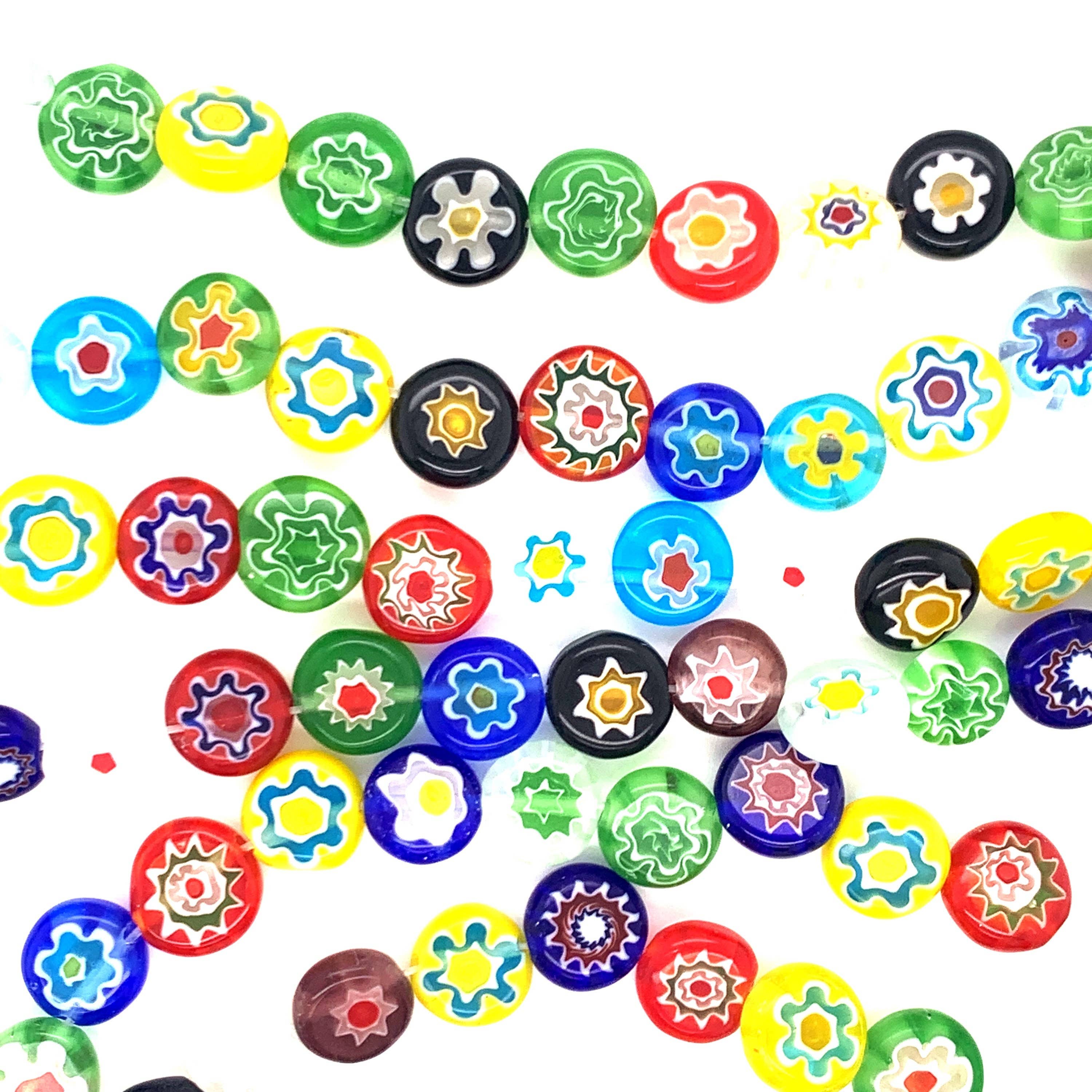 The Bead Bazaar - Wholesale Beads - Murano Style Millefiori Handmade Flat Round Beads, Flower Gl0