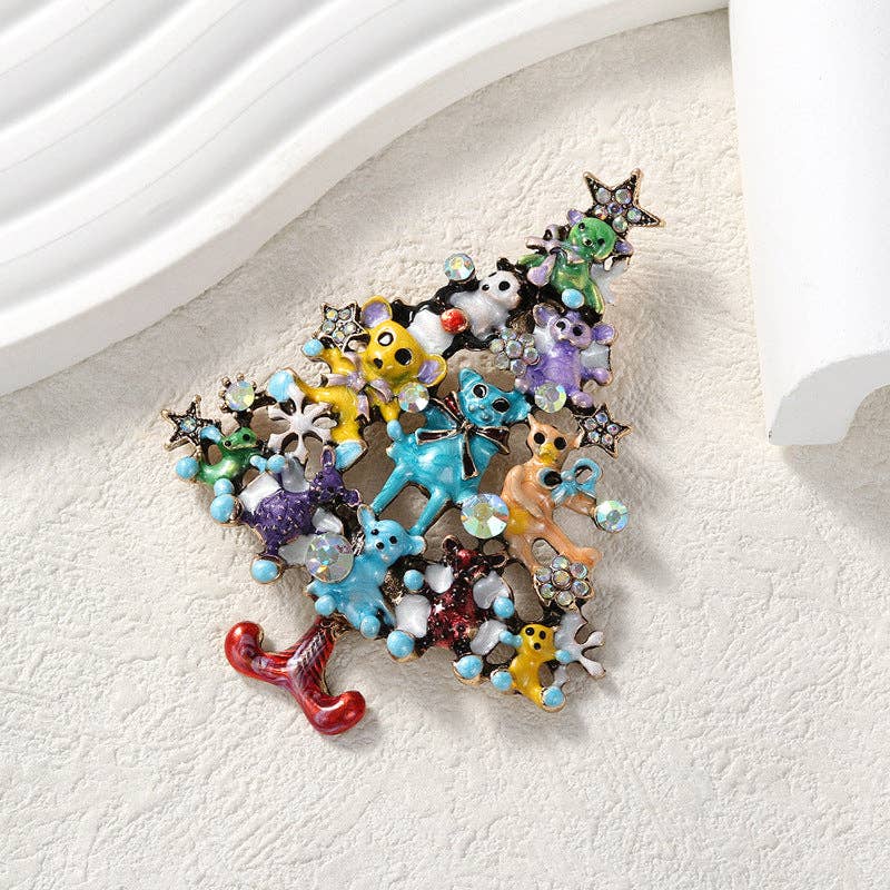 Multi Christmas Bears Tree Alloy Rhinestone Brooch PA5906 for wholesale on Faire2