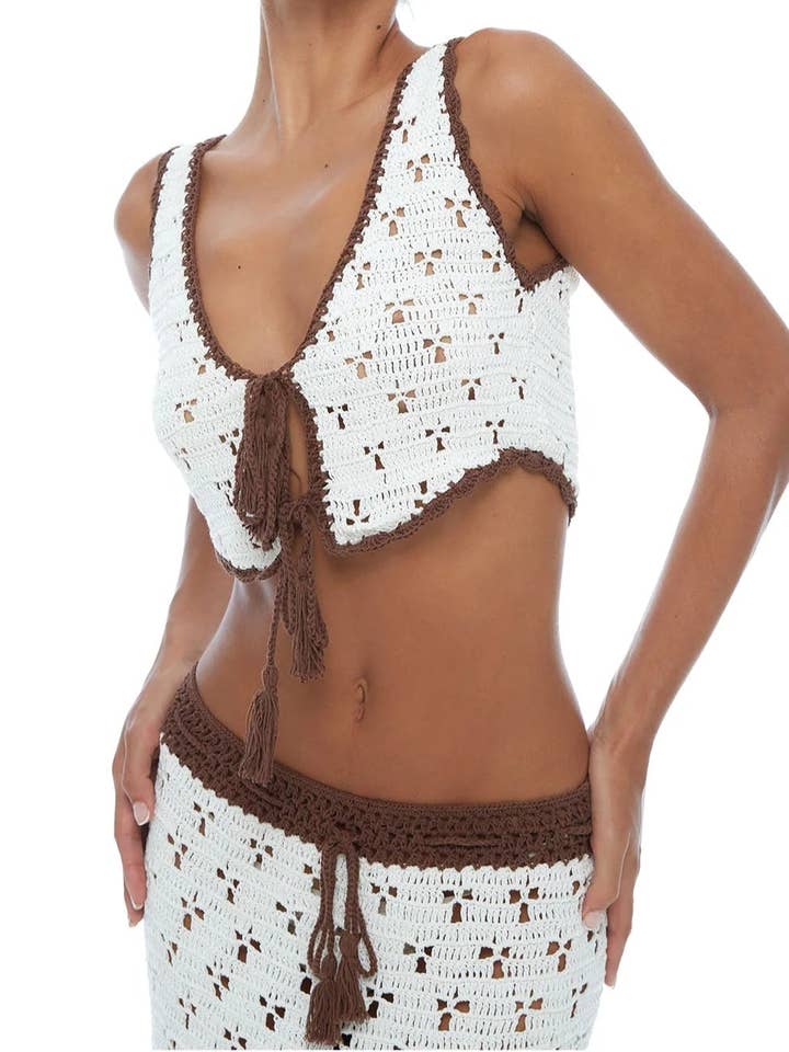 WHITE Knit Front Tie Crochet top& skirt set beach cover up for wholesale on Faire