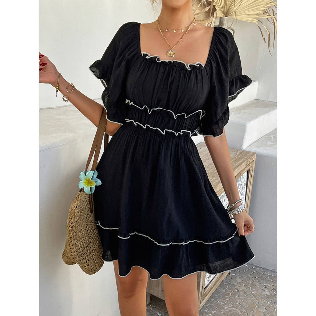 UNISHE - Vendita all'ingrosso Vestito - Donna - Abito a tinta unita con orlo a balze, scollo quadrato e maniche corte DY3343