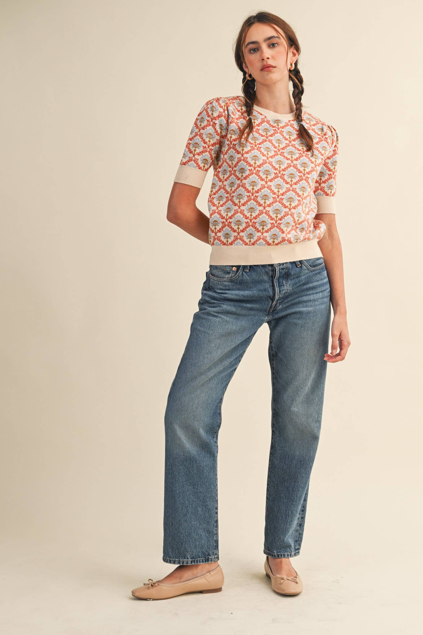 &MERCI - Wholesale Knit Sweater - Women's - FLORAL PATTERN SHORT SLEEVE SWEATER MSW1086055