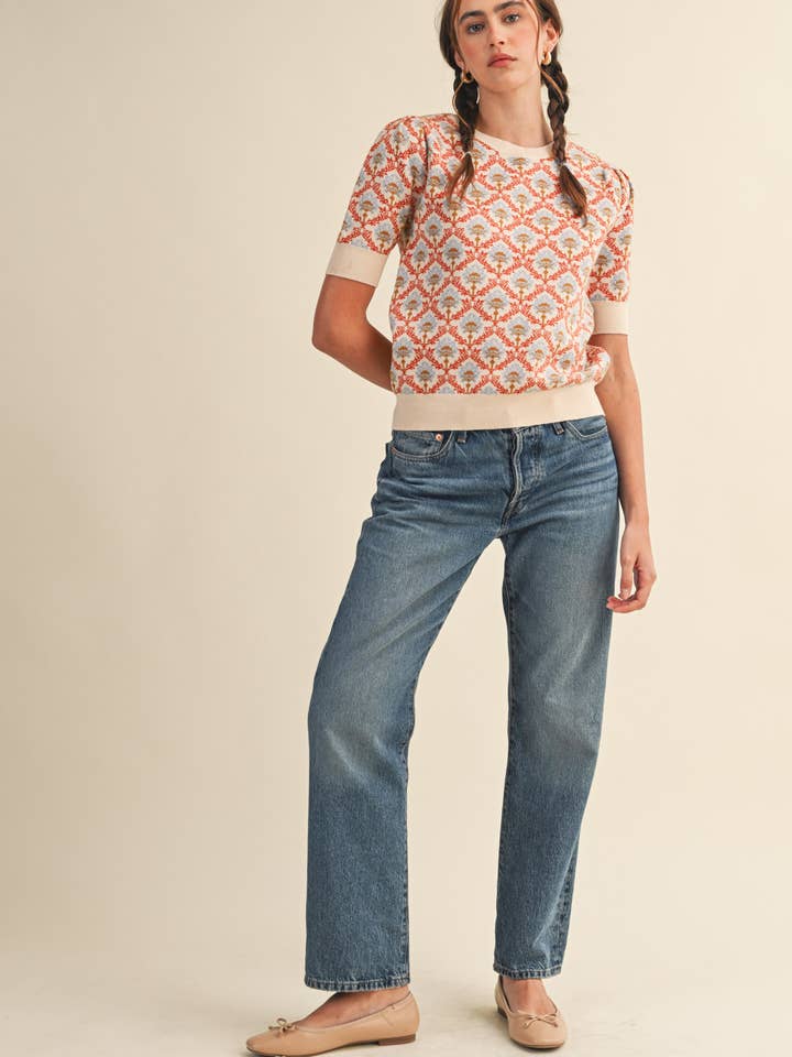 &MERCI - Wholesale Knit Sweater - Women's - FLORAL PATTERN SHORT SLEEVE SWEATER MSW1086055