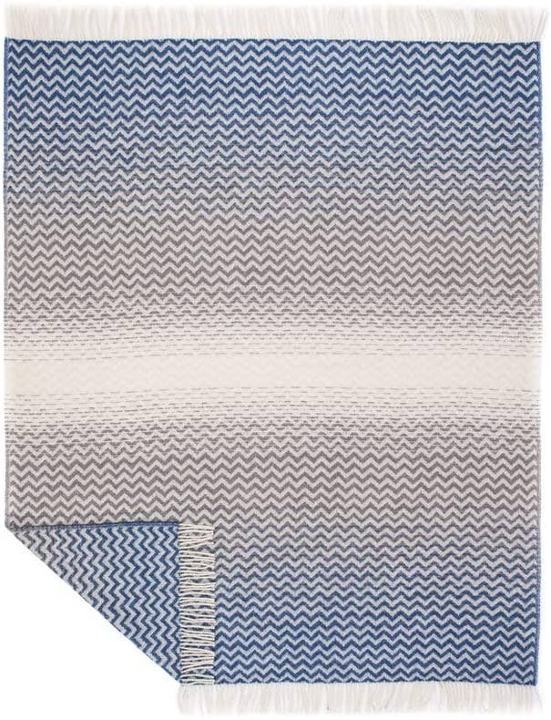 WoolOnly - Vente Plaids - Plaid Jacquard Zig-Zag Vague 100% Laine Mérinos Fine (bleu/gris, 130x170 cm)0