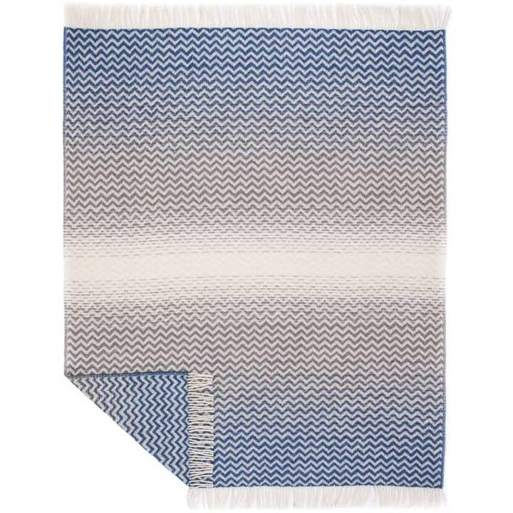 WoolOnly - Vente Plaids - Plaid Jacquard Zig-Zag Vague 100% Laine Mérinos Fine (bleu/gris, 130x170 cm)