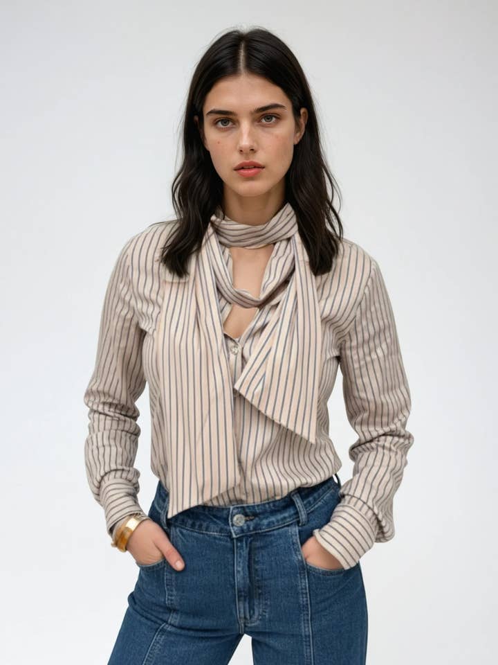 Camicia con Fiocco a Righe Lily - Beige per la vendita all'ingrosso da parte di Libby Loves
