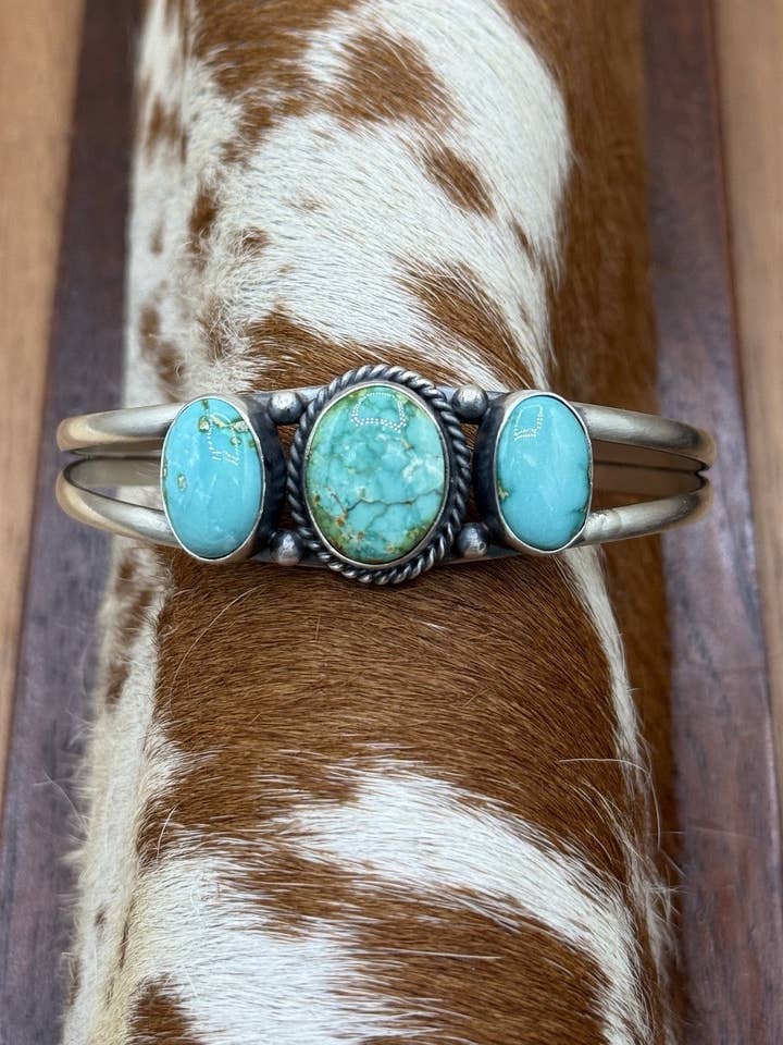 Navajo Handmade Sterling Silver Sonoran Gold Turquoise Cluster Cuff Bracelet for wholesale by Native City Jewelry